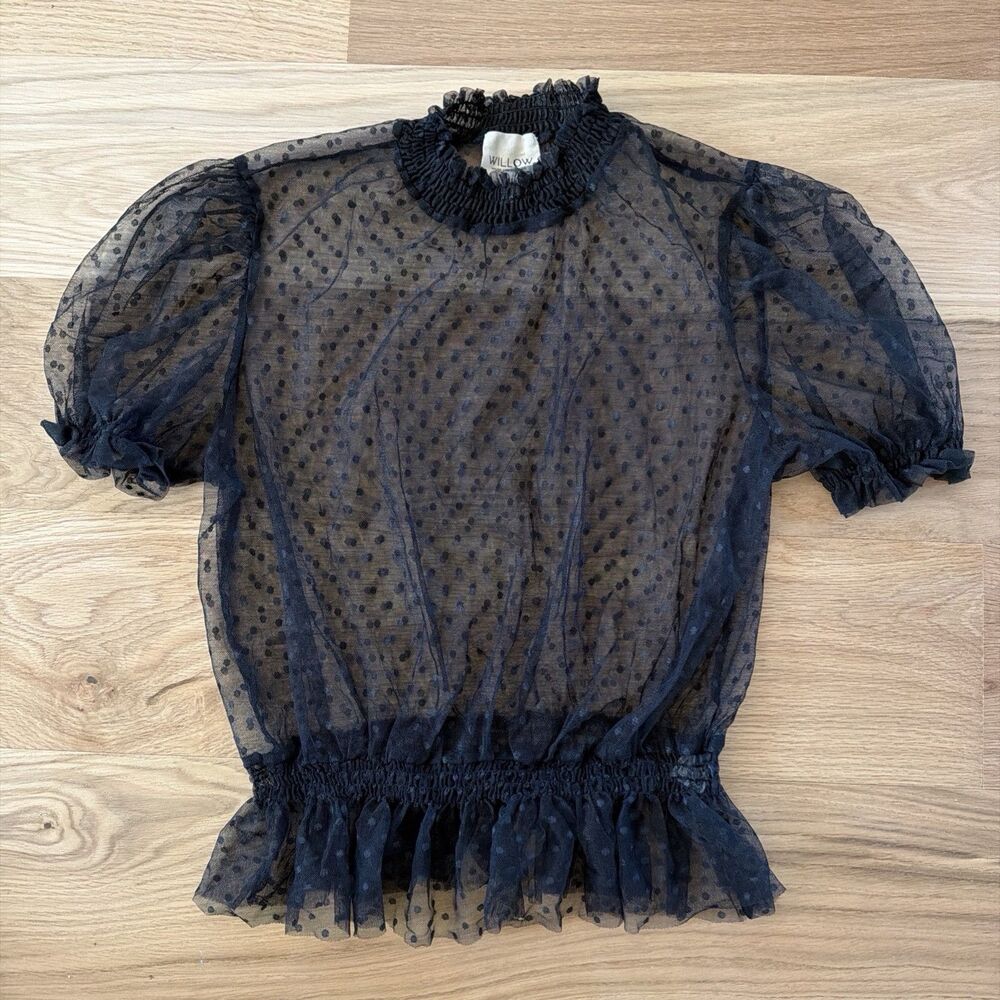 Willow Black Sheer Swiss Dot Top L Mock Neck Ruffle Whimsigoth Goth Dark Emu - Picture 10 of 14